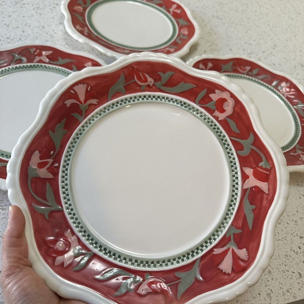 Fitz and Floyd Chalet Hand Painted 4 Dinner‎ Plates Floral Christmas Dinnerware
